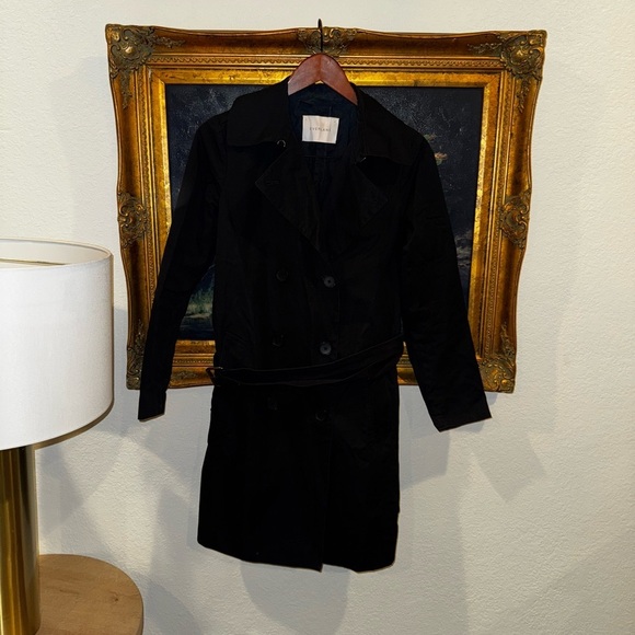 EVERLANE Black Cotton Belted Double Breasted Trench Coat Size XS Used - Picture 3 of 6